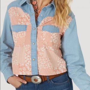 Denim and pink print shirt